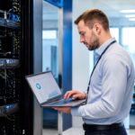 Profesional de TI revisando un panel de backup y recuperación en un centro de datos iluminado, parte de un plan de recuperación ante desastres empresarial