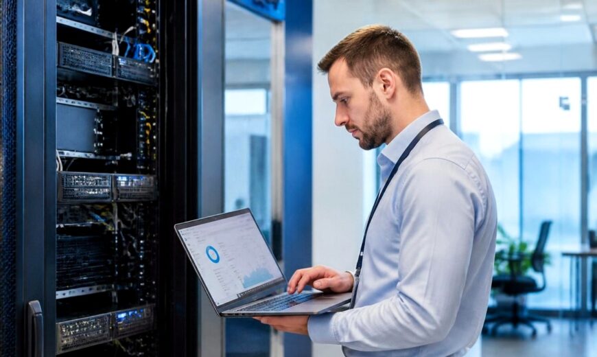 Profesional de TI revisando un panel de backup y recuperación en un centro de datos iluminado, parte de un plan de recuperación ante desastres empresarial