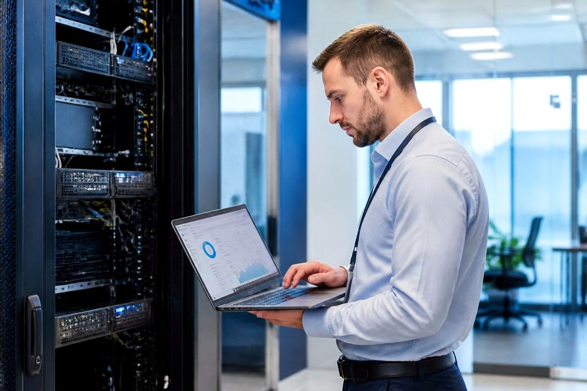 Profesional de TI revisando un panel de backup y recuperación en un centro de datos iluminado, parte de un plan de recuperación ante desastres empresarial